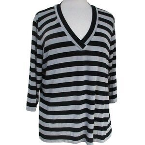 Chico's Private Edition Black & Gray Stripe V-Neck Pullover Slinky Top Sz 2 M-L